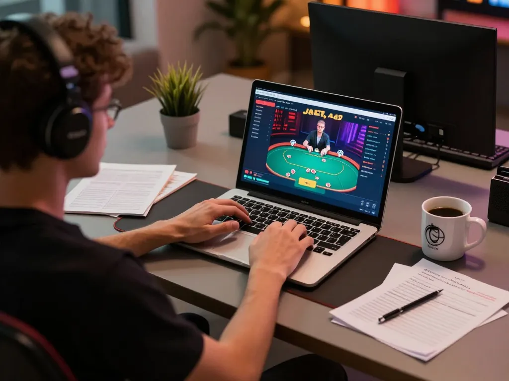 Engaging online poker gameplay at nk88, showcasing strategic decisions and a cozy home setting.