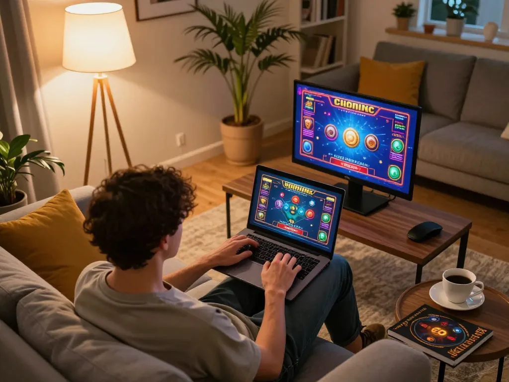 Engaging online gambling session with RR88 on a laptop in a cozy home setting showcasing strategy and comfort.