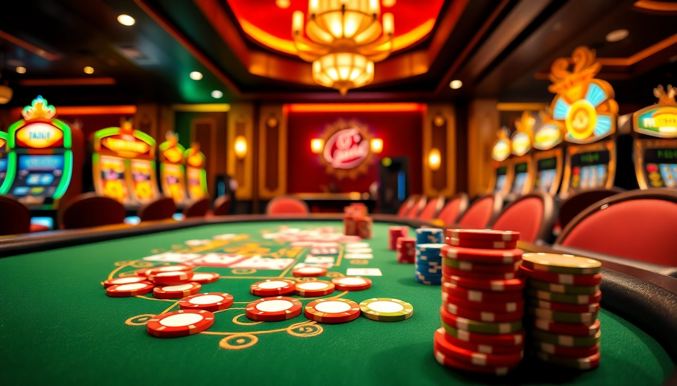 Experience the thrill of gaming with 18vip娱乐 at a luxurious casino, showcasing vibrant poker tables and rich decor.