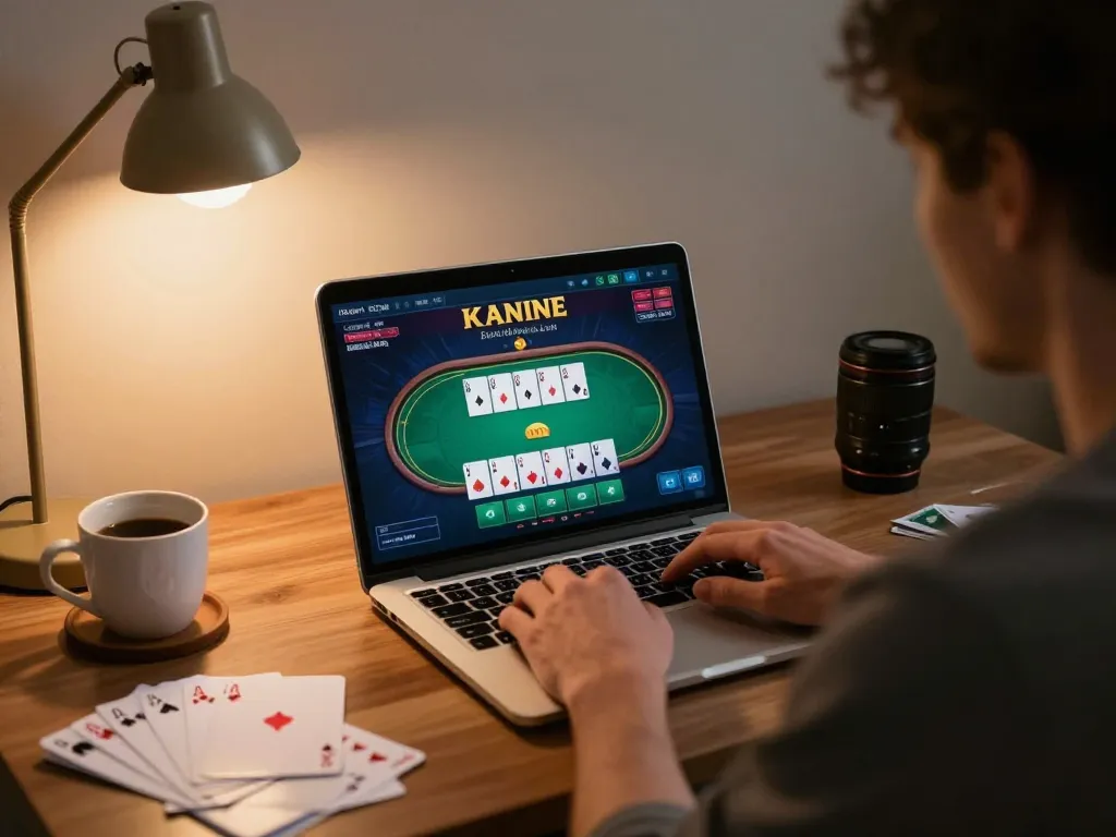Engaged player at a crypto gambling site following winning strategies on a laptop