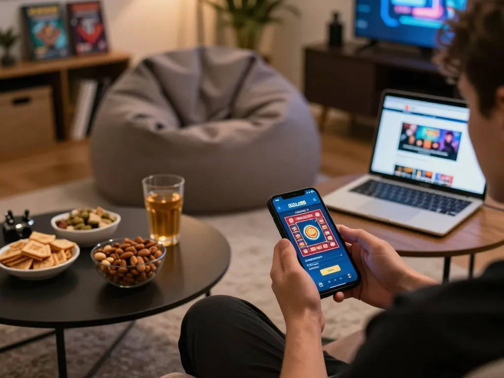 Pemain yang terlibat menggunakan aplikasi casino IDOLA88 di smartphone mereka sambil bersantai di rumah.