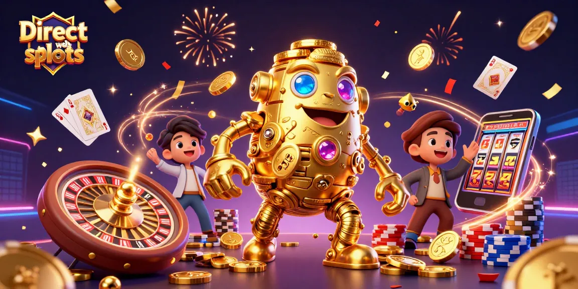 Engaging scene of Direct web slots featuring slot machine golem, coins and cards flying, exciting gaming experience.