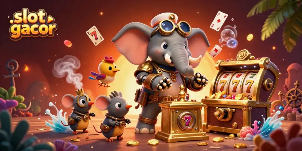 Permainan slot gacor yang menarik dengan elefant steampunk sebagai insinyur di mesin slot yang berkilau.