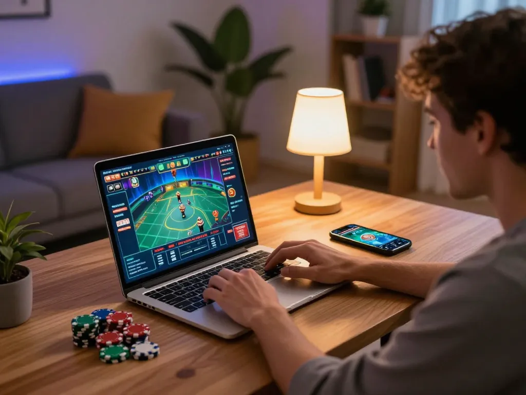 Engaging gaming session on laptop with mb66, showing dynamic casino features and responsible gambling atmosphere.