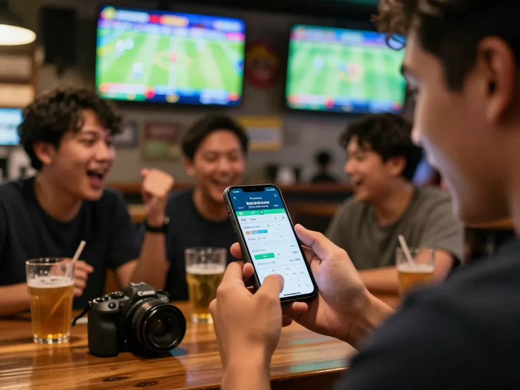 Excitedly checking Kèo nhà cái hôm nay on a smartphone during a lively sports event.