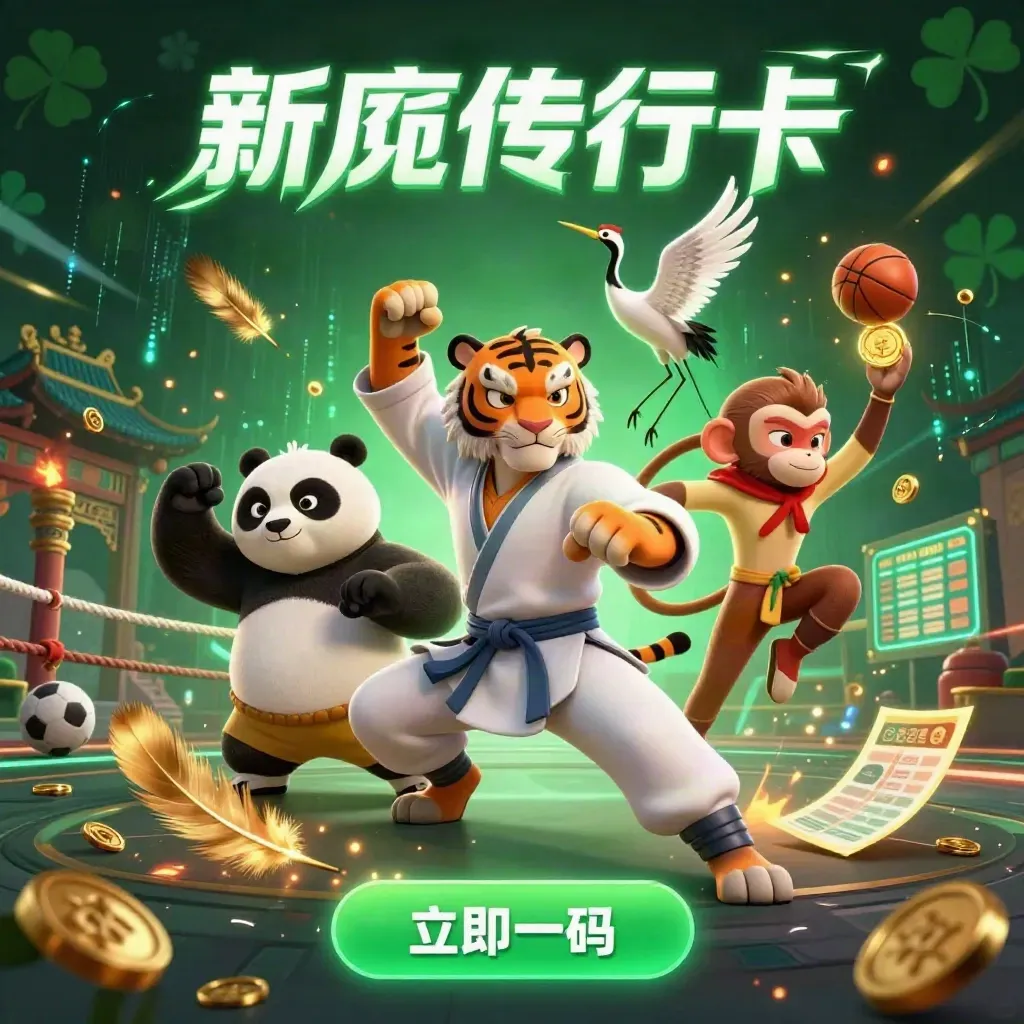 Kung-fu tiger, panda, and monkey in a neon casino-style action scene with temple lights and sports props.