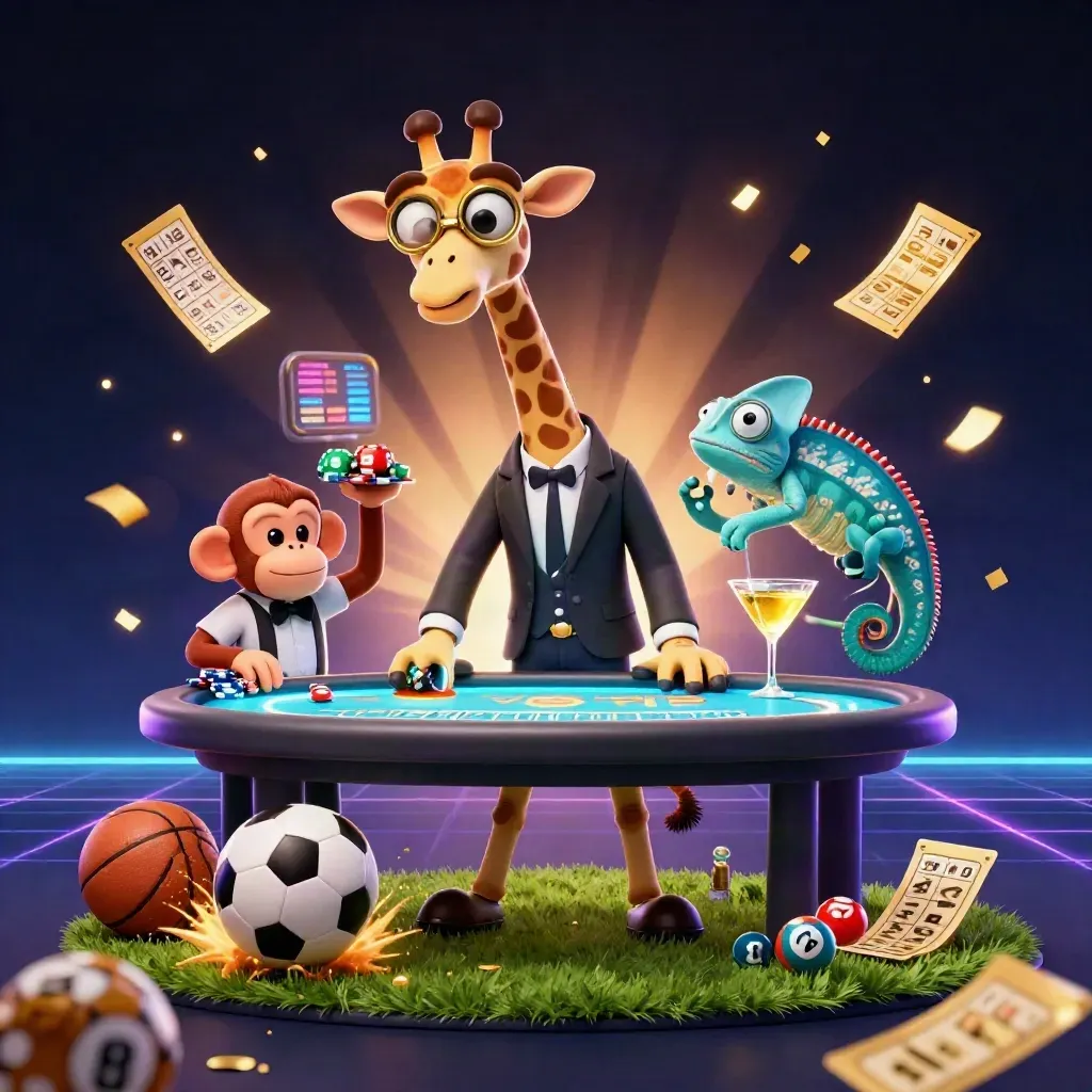 Low-angle casino mascots around a football kick with chips, neon lights, and flying turf