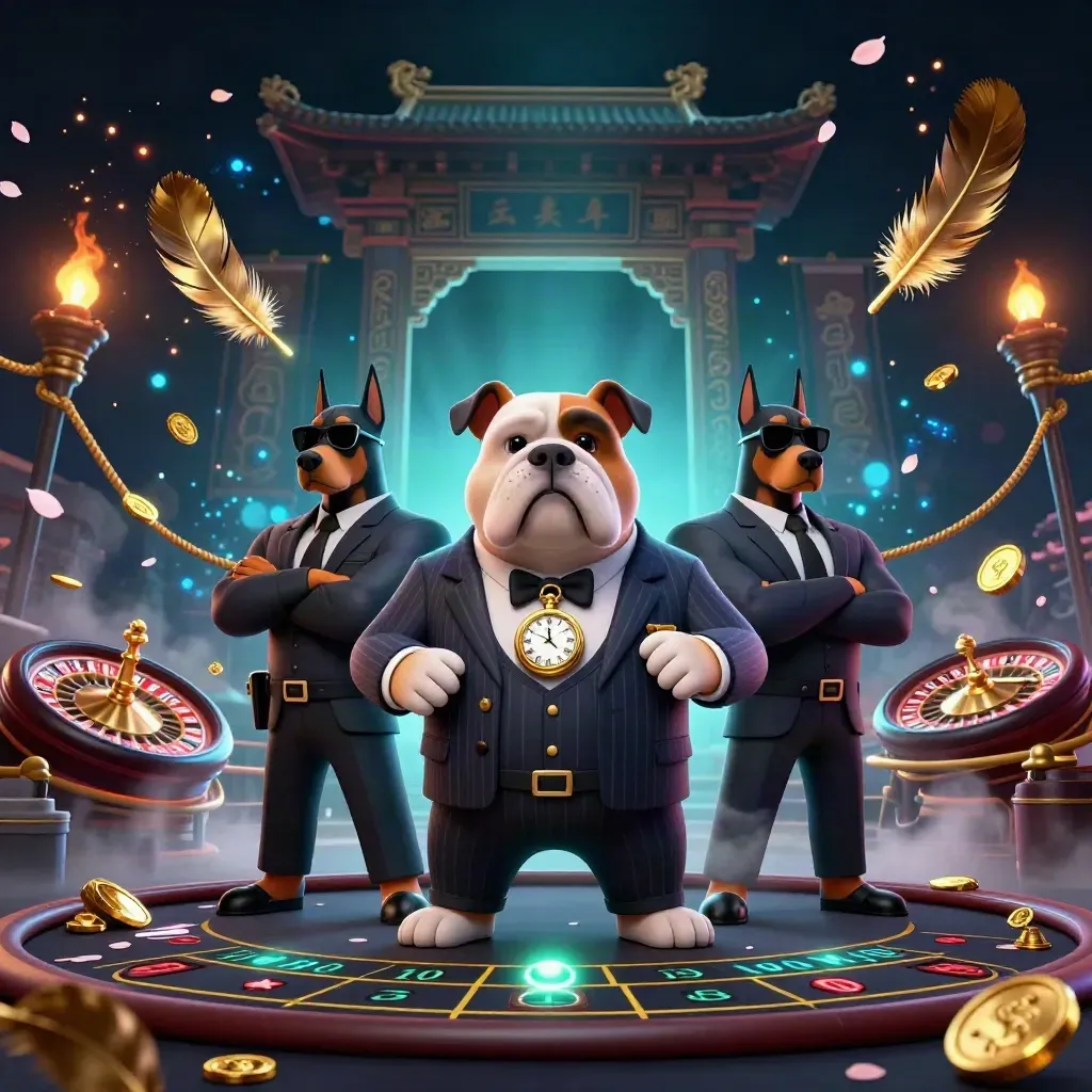 Bulldog boss with Doberman guards in a neon casino scene, surrounded by gold, fog, and glowing effects