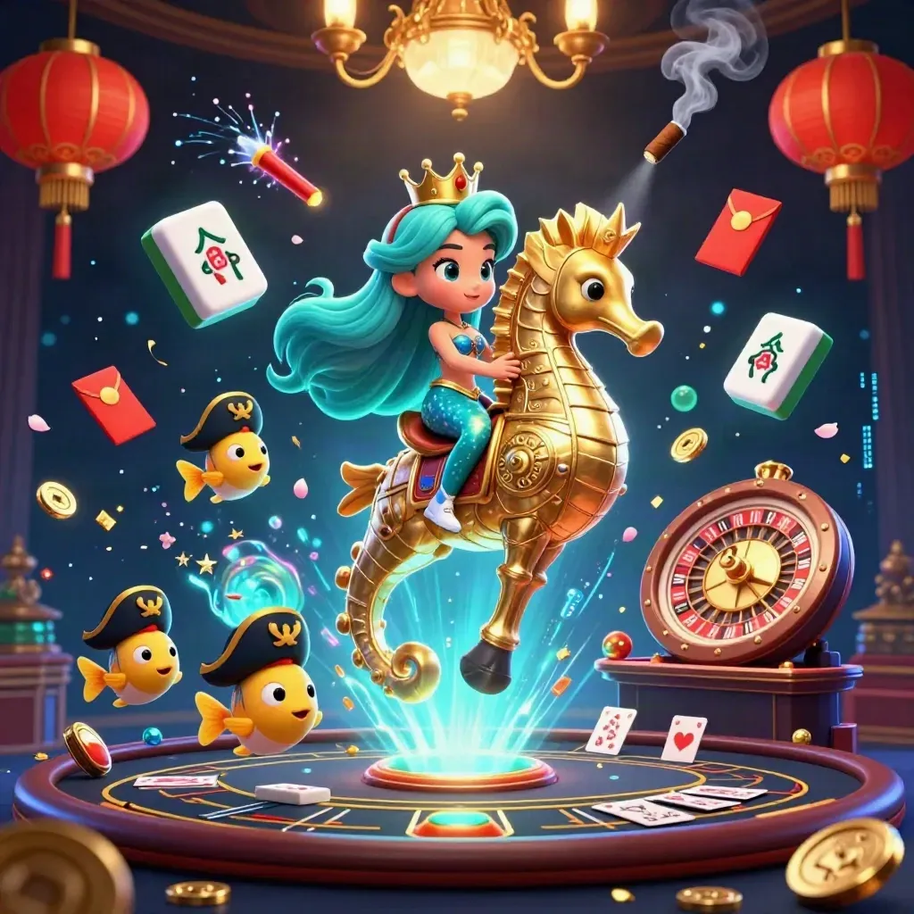 Turquoise mermaid princess on a golden seahorse amid neon casino magic and spinning lucky props