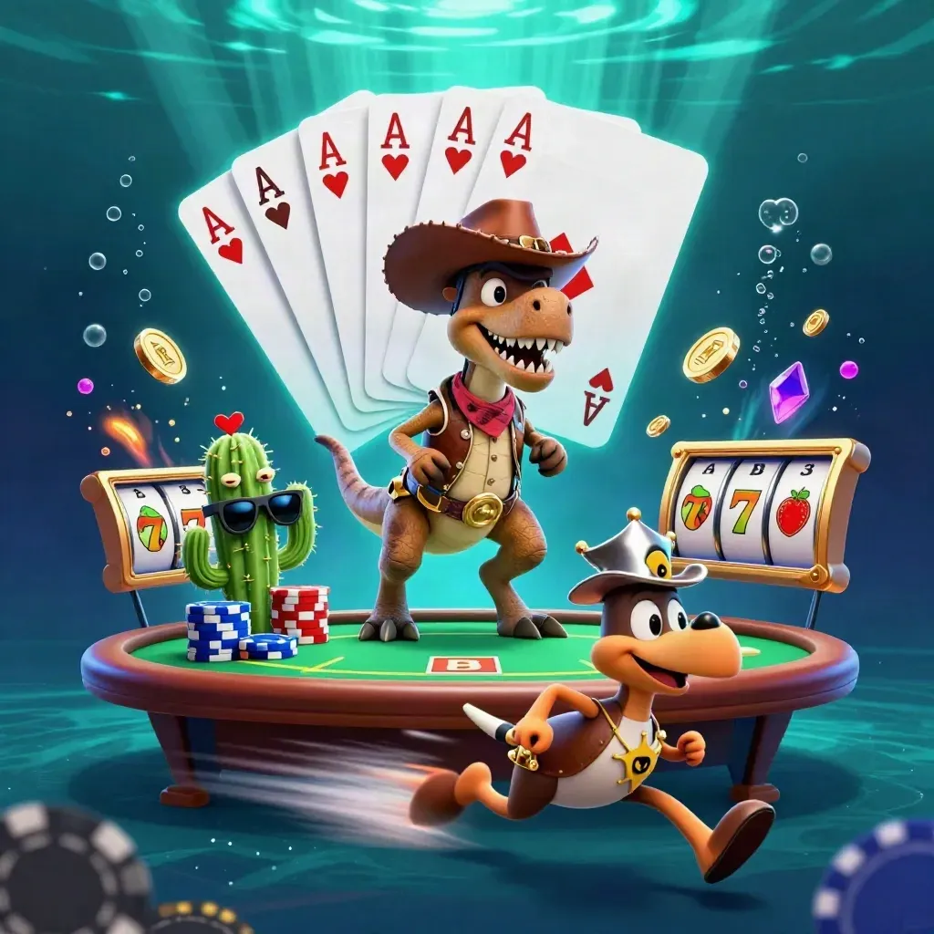Cowboy T-Rex, cactus sidekick, and roadrunner around poker chips, cards, and glowing underwater casino effects.