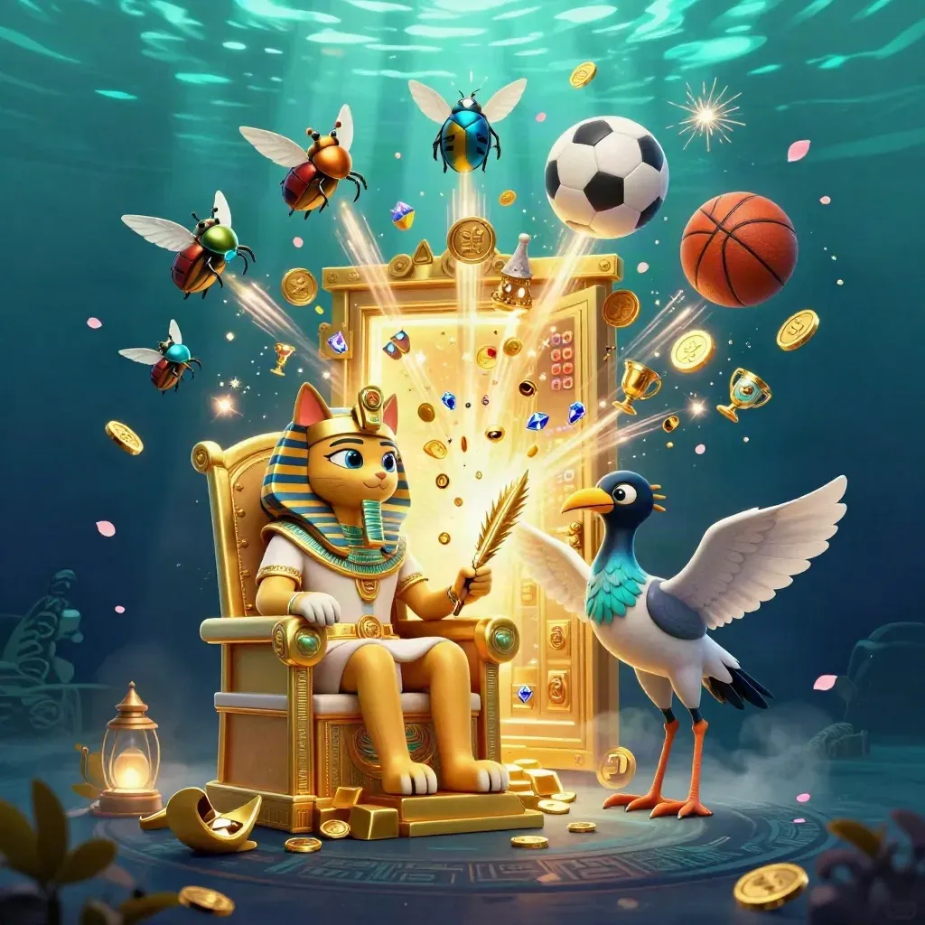 Pharaoh cat, ibis scribe, and gem-winged scarabs amid a vault burst of gold and sports betting icons.