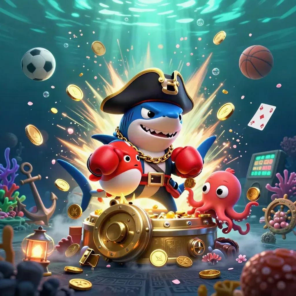 Shark captain, pufferfish, and baby octopus amid coin showers in an underwater treasure cove.
