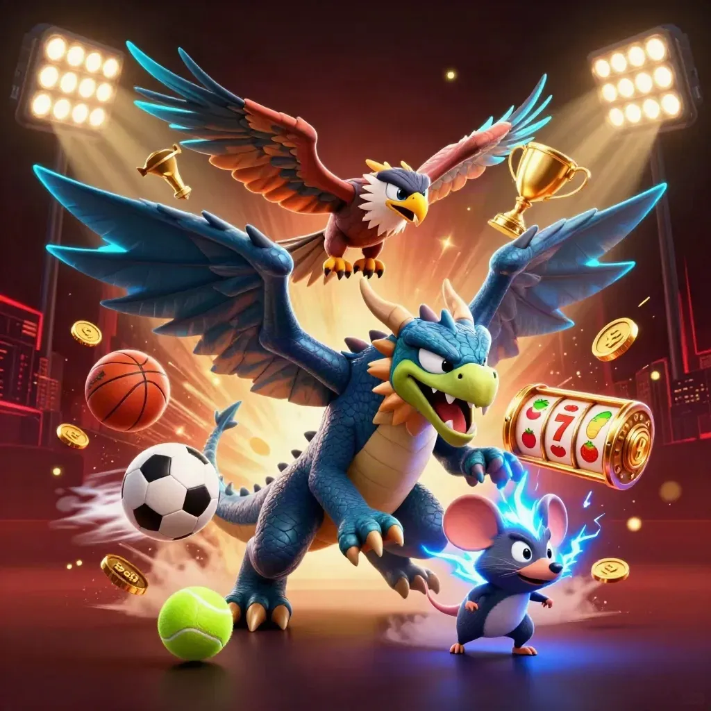 Thunder dragon, wind hawk, and static mouse amid casino sports icons and glowing lights.