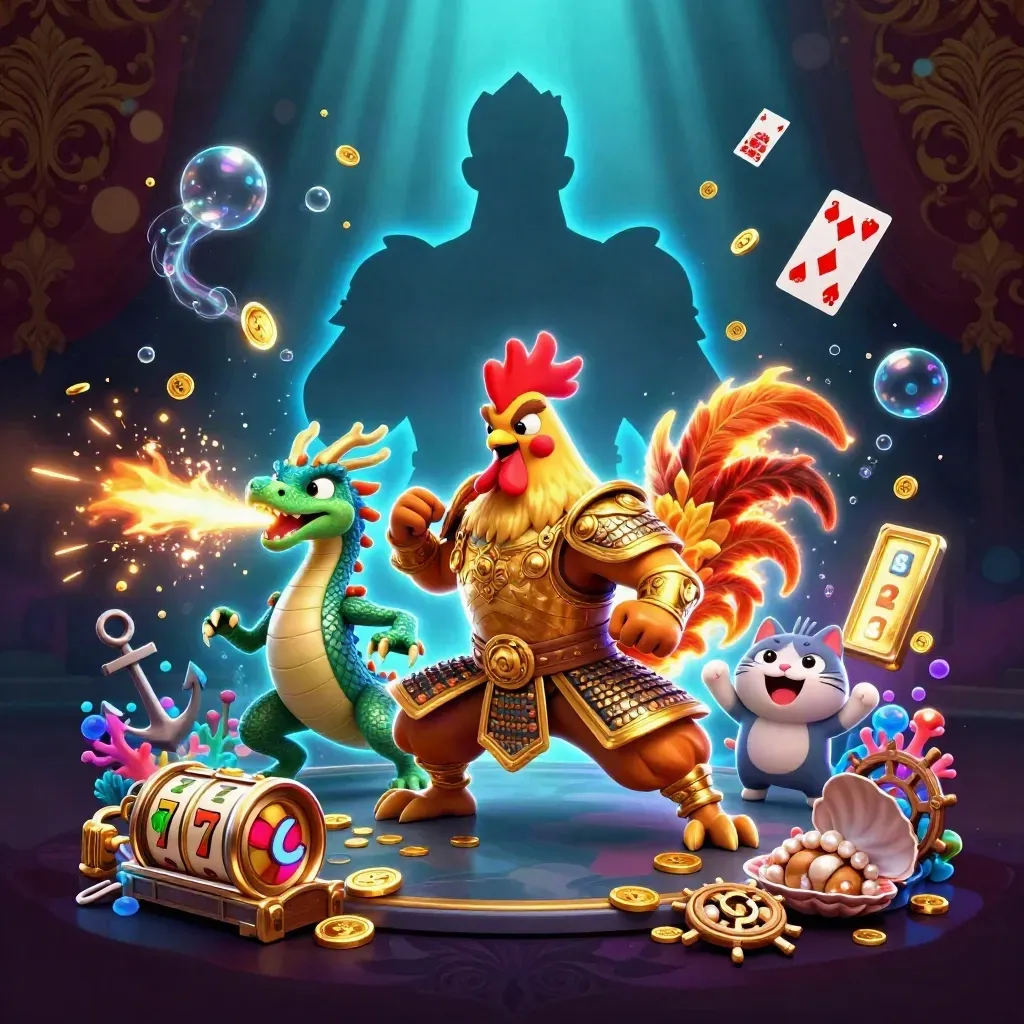 Rooster warrior, dragon hatchling and lucky cat amid treasure, reels and glowing underwater casino magic.