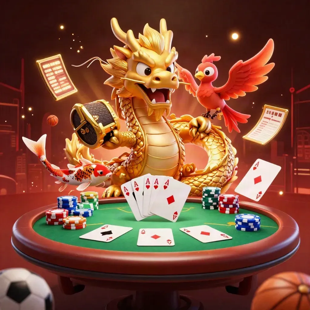Golden dragon, phoenix, koi, chips and casino props glowing against a dark neon backdrop.