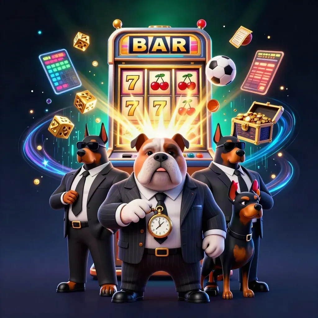 Bulldog boss with two Dobermans amid a bursting slot machine, gold, dice, balls, and neon energy.