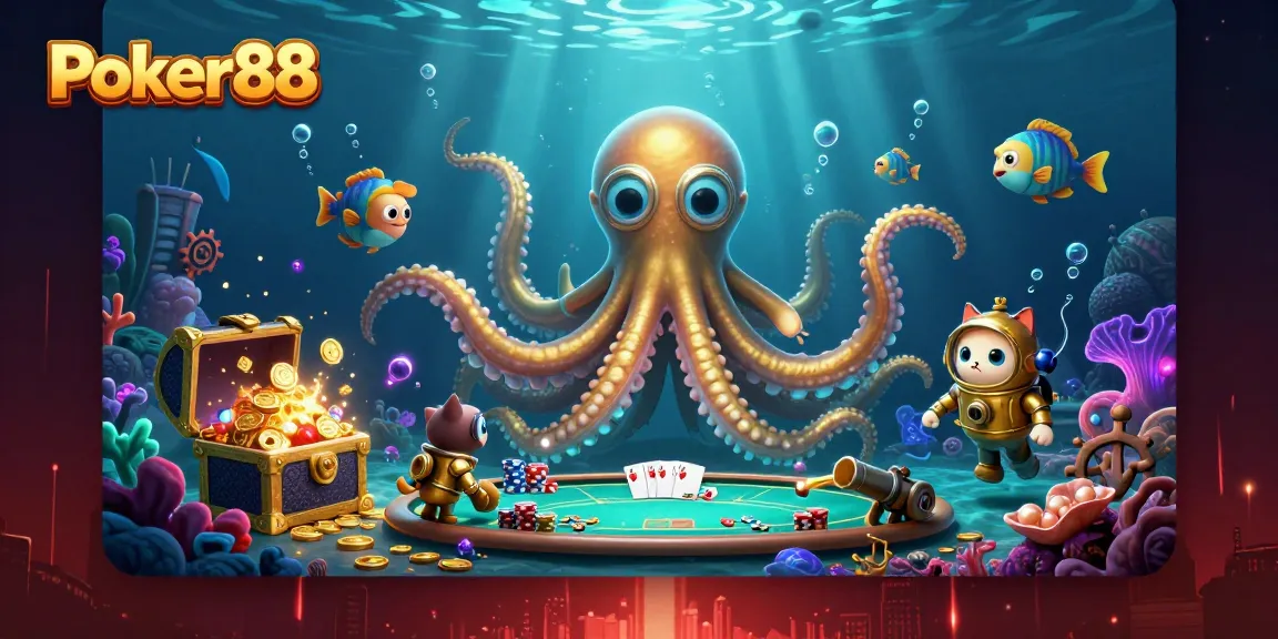 Poker88 offers an exciting underwater adventure with a glowing kraken and diving cat, showcasing thrilling poker action.