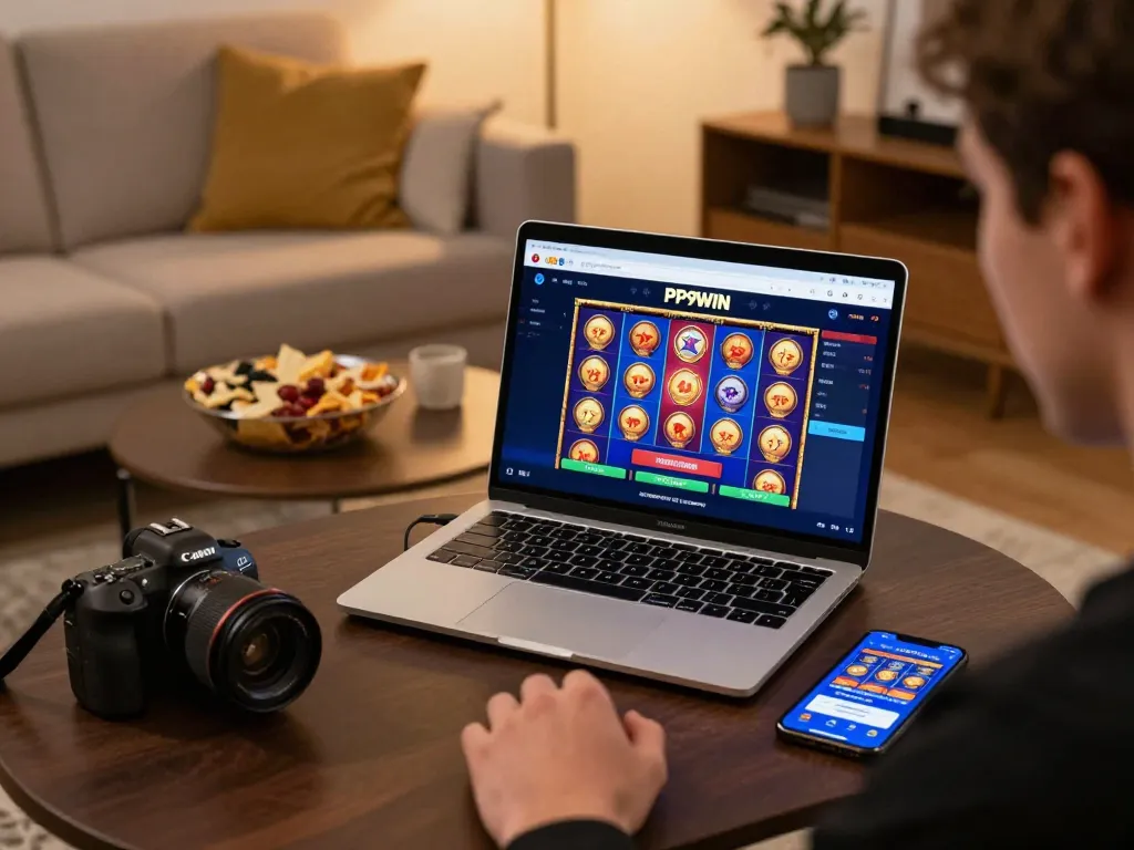 Engaged player experiencing dynamic online gambling on PP9WIN platform in a cozy home environment.