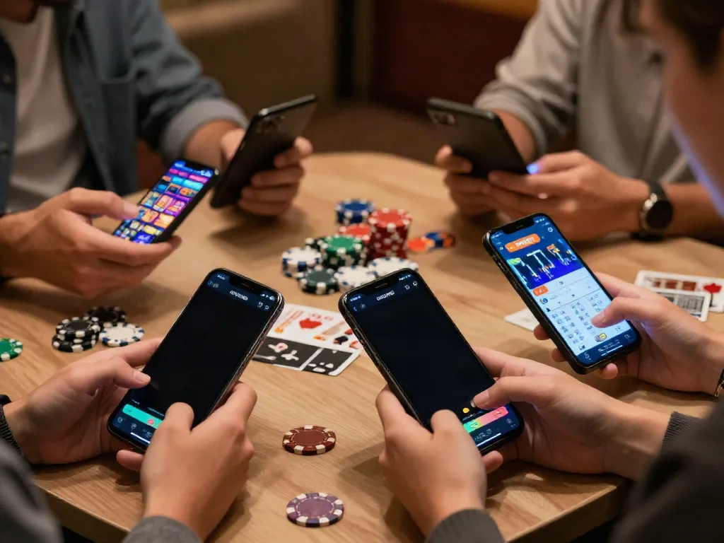 Engaged users playing ORION88 APK on mobile devices in a stylish gaming lounge.