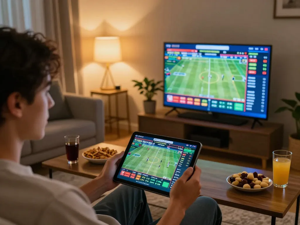 Engaged user betting on football odds through an online kèo nhà cái app in a relaxed home environment.