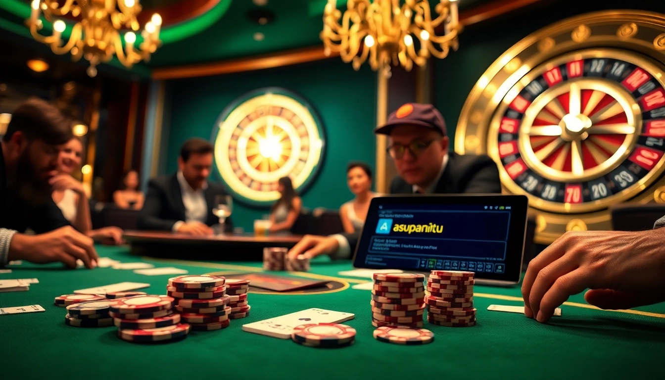 Excited gamblers strategizing with asupanjitu at a luxurious poker table surrounded by roulette and chips.