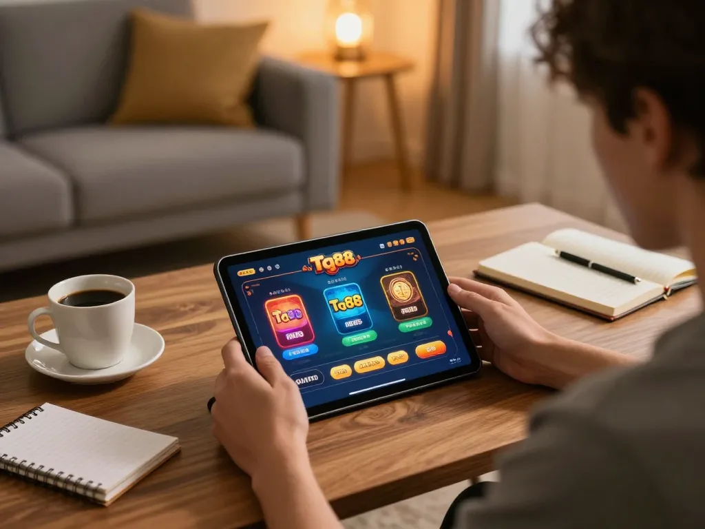 Featuring the Tg88 game interface, a player enjoys online casino action from the comfort of home.