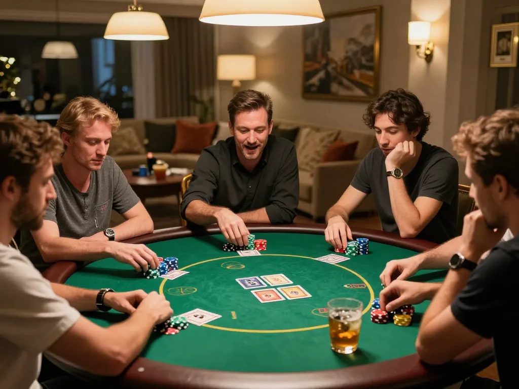 Engholmnds players strategizing during a friendly poker night, emphasizing camaraderie and excitement.