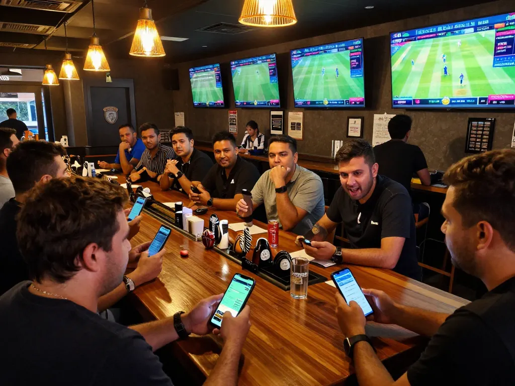 Exciting cricket betting scene showcasing users engaging with https://crickex.fit/ on smartphones at a sports bar.