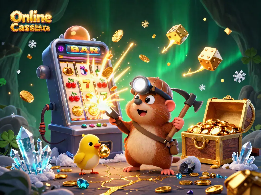 Engage with Online Casino Alberta's vibrant gaming scene featuring a treasure hunter and shining jackpot.