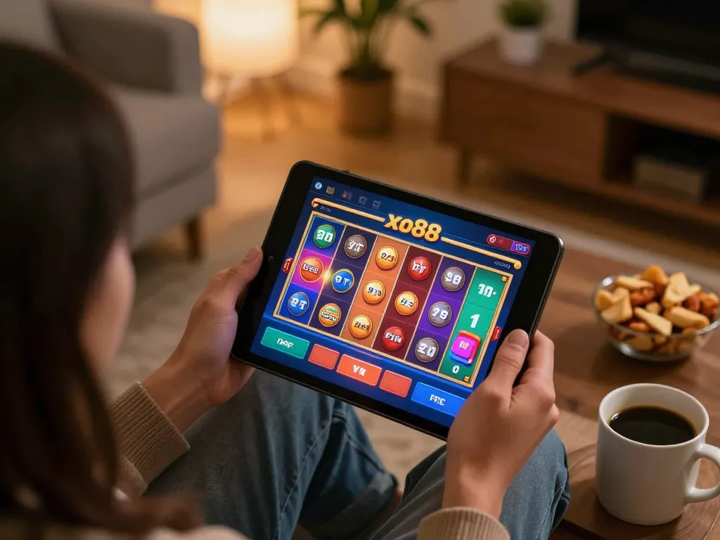 Playing xo88 online casino with a lively game interface set in a cozy home environment.