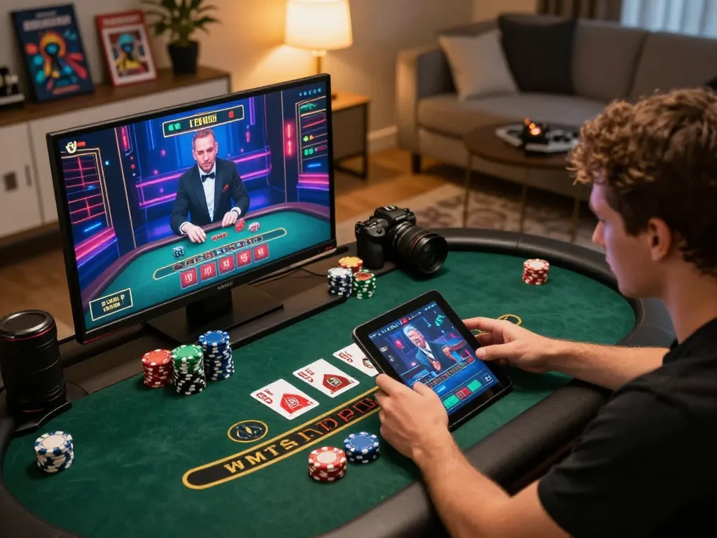 Player engaging with VU88's live dealer blackjack on tablet, showcasing strategic gameplay.