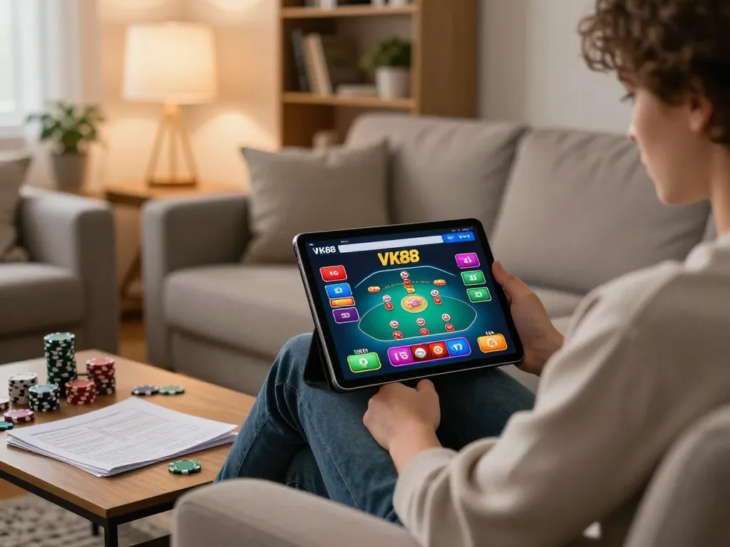 Engaged player navigating the VK88 online casino interface while seated at home.
