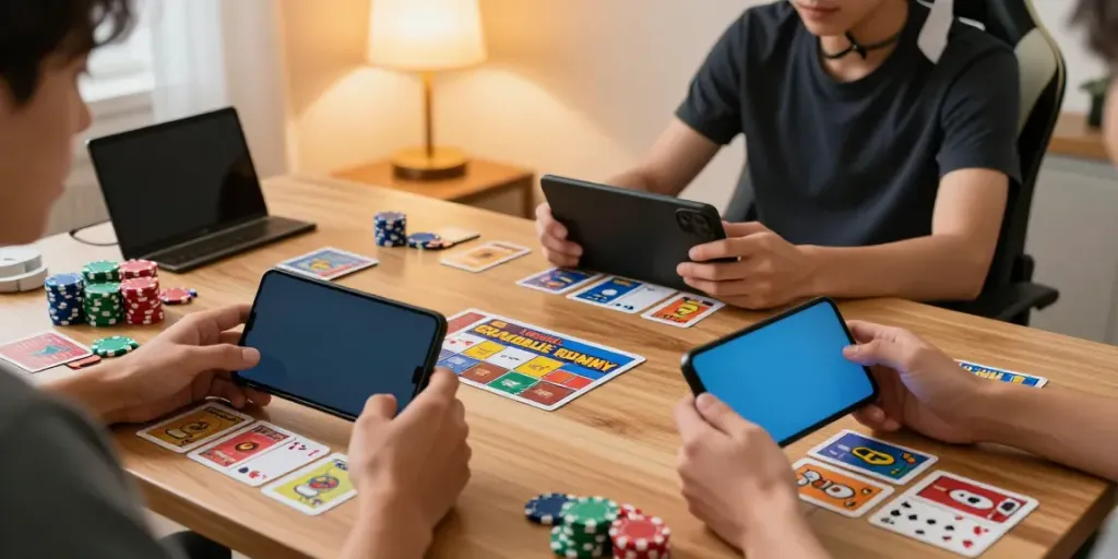 Engaged player enjoying Rumble Rummy on smartphone with vibrant gaming elements.