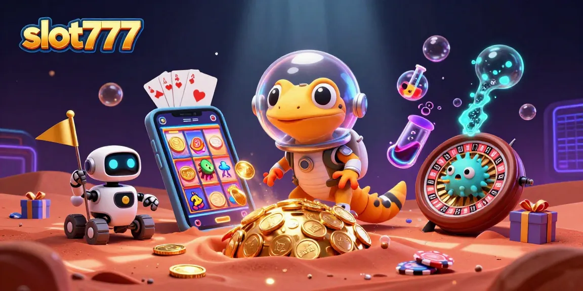 Play slot777 to win jackpots in a vibrant 3D casino scene featuring colorful slot elements and characters.