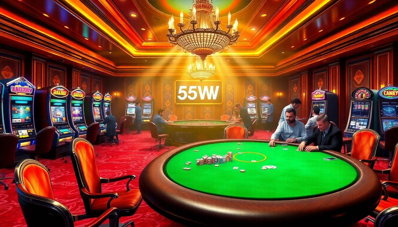 Experience the thrill of gambling with 55WW as players engage with high-stakes poker at a luxurious casino table.
