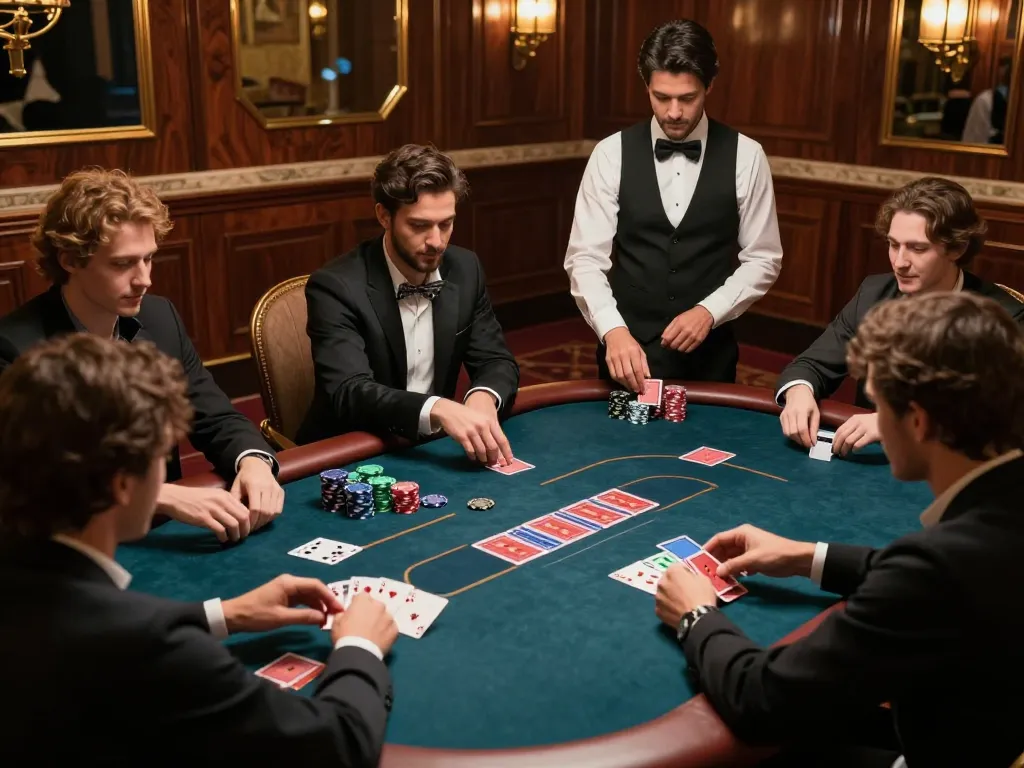 May88 players enjoying a high-stakes poker game in an elegant casino atmosphere.
