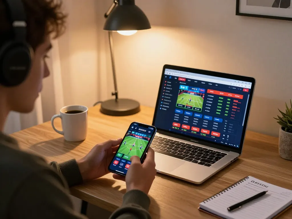 Pengguna Ombak88 memasang taruhan di smartphone sambil menganalisis strategi untuk peluang permainan yang lebih baik