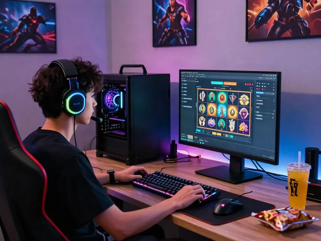 Engaging gaming scene with a player immersed in akunjp slot games, showcasing modern gaming setup with RGB lighting and accessories.