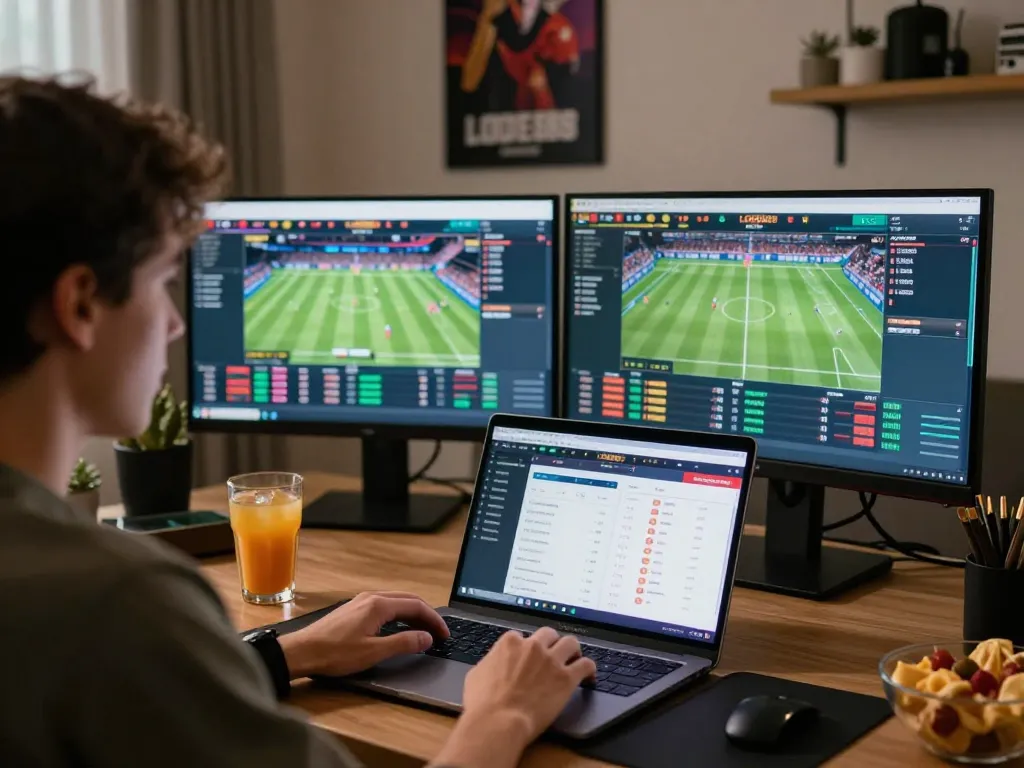 Watch LODE888 unfold with a user engaging in online sports betting from a modern home office