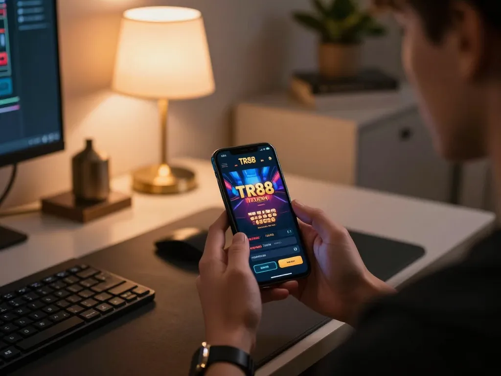 Engaging with TR88 casino app on smartphone in a cozy gaming atmosphere