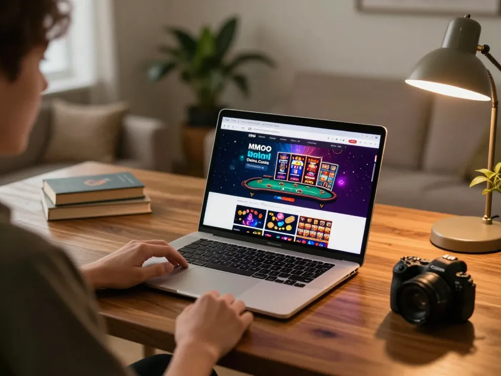 Engaged player exploring MMOO online casino platform on laptop, showcasing interactive gaming experience