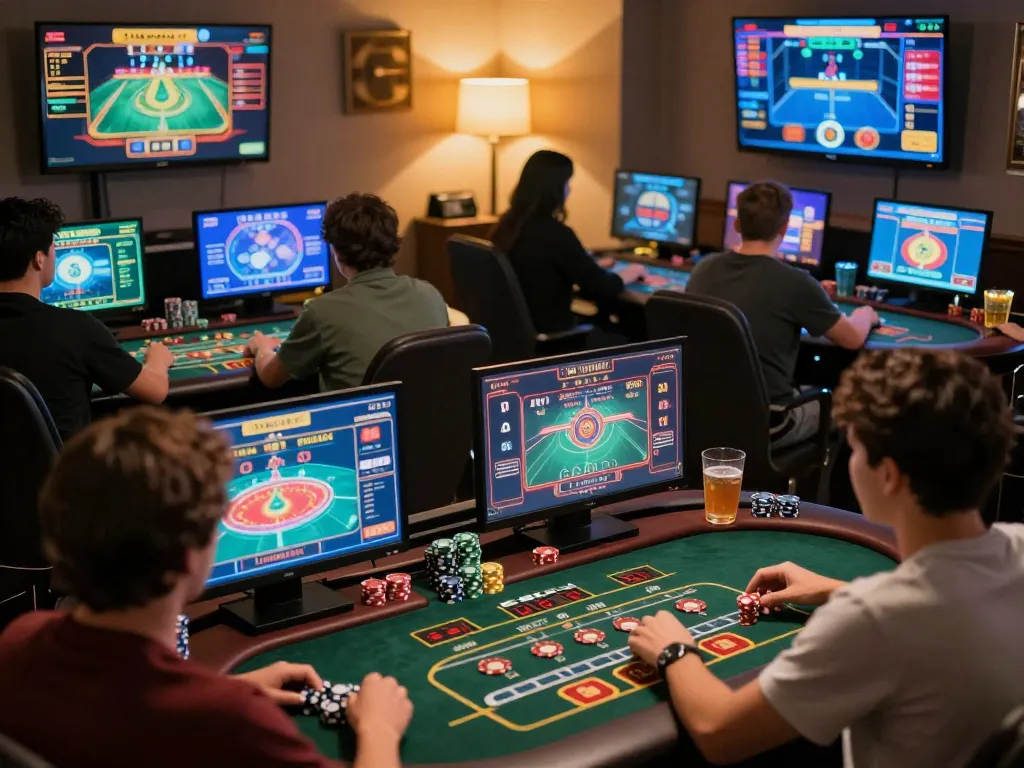 UK88 online players enjoying casino games on multiple devices in a vibrant home setting.