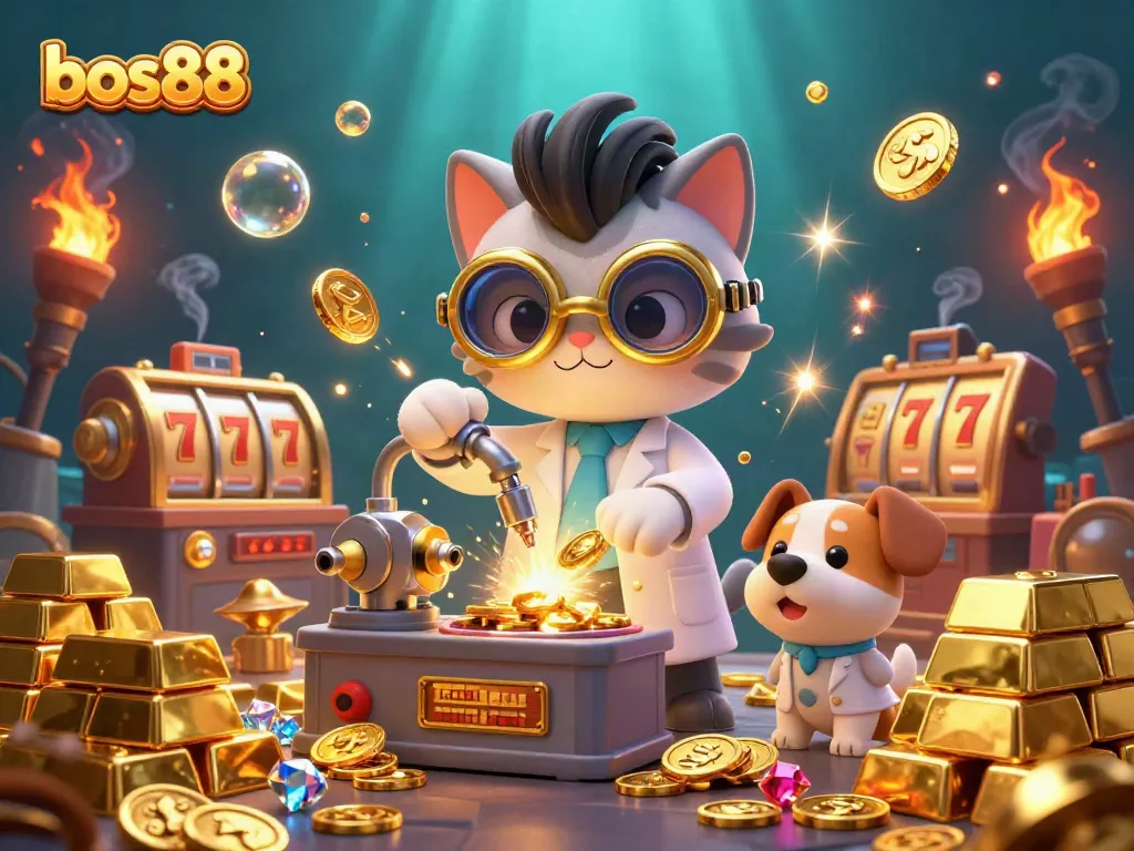 Engage with the exciting slots scene in bos88, showcasing the mad scientist cat and dog amidst gold treasures and jackpot excitement.