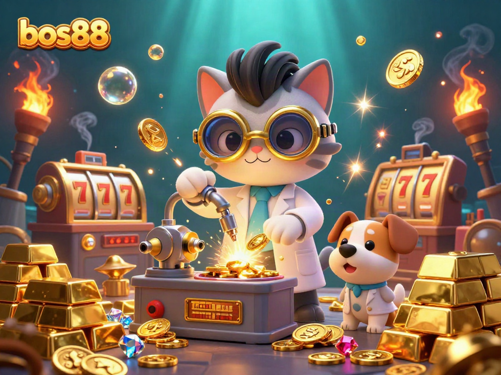 Engage with the exciting slots scene in bos88, showcasing the mad scientist cat and dog amidst gold treasures and jackpot excitement.