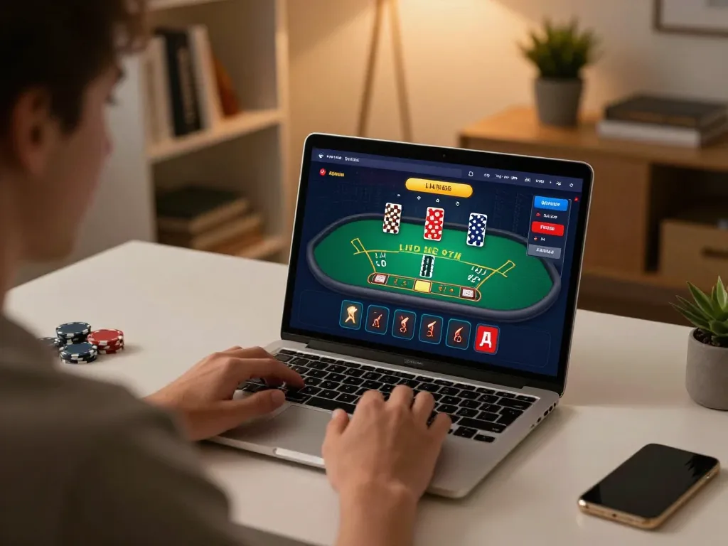 VK88 players engaging in strategic online live dealer games while managing their bets from a cozy home office