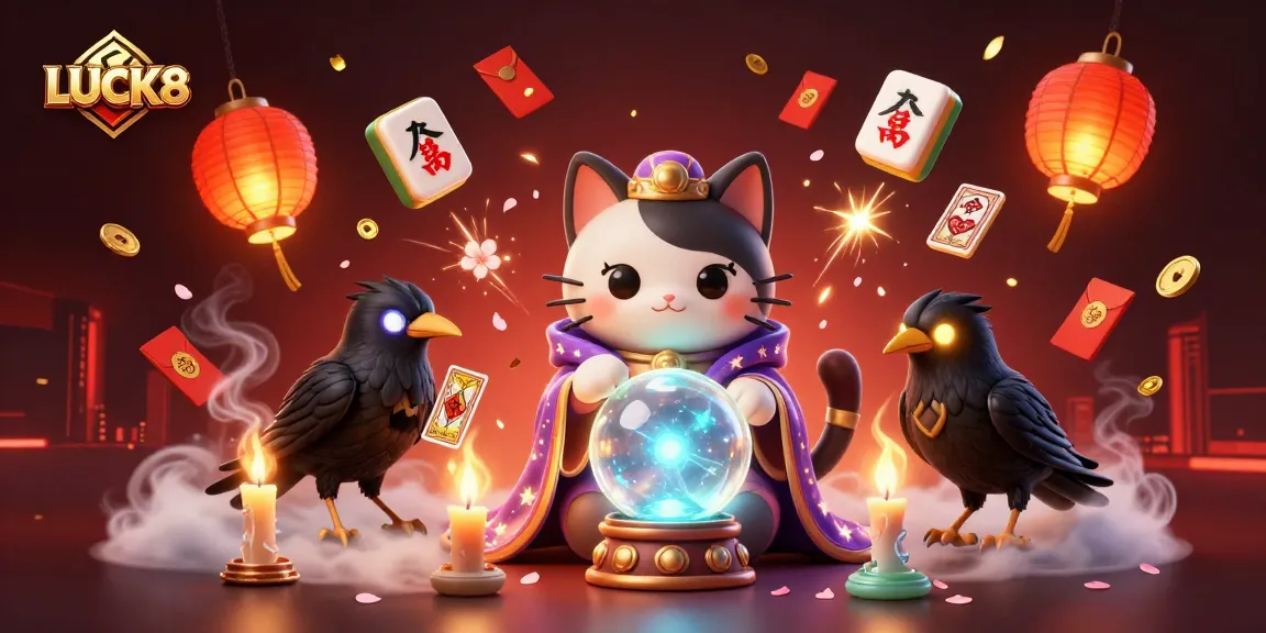 LUCK8 depicts an exciting casino experience with a mystic cat, glowing raven, and festive elements.