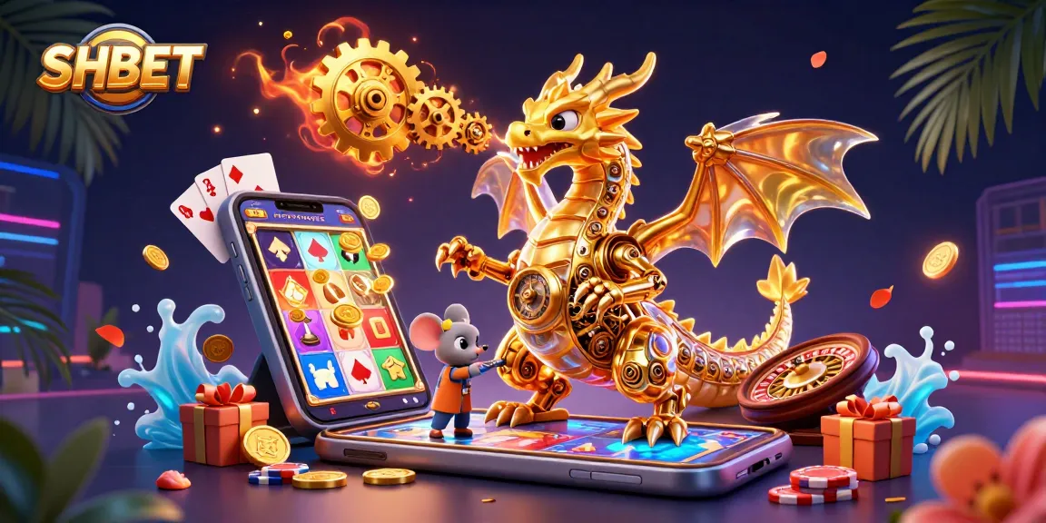 Experience thrilling games with SHBET's dynamic atmosphere featuring a gold dragon and vibrant gaming elements.