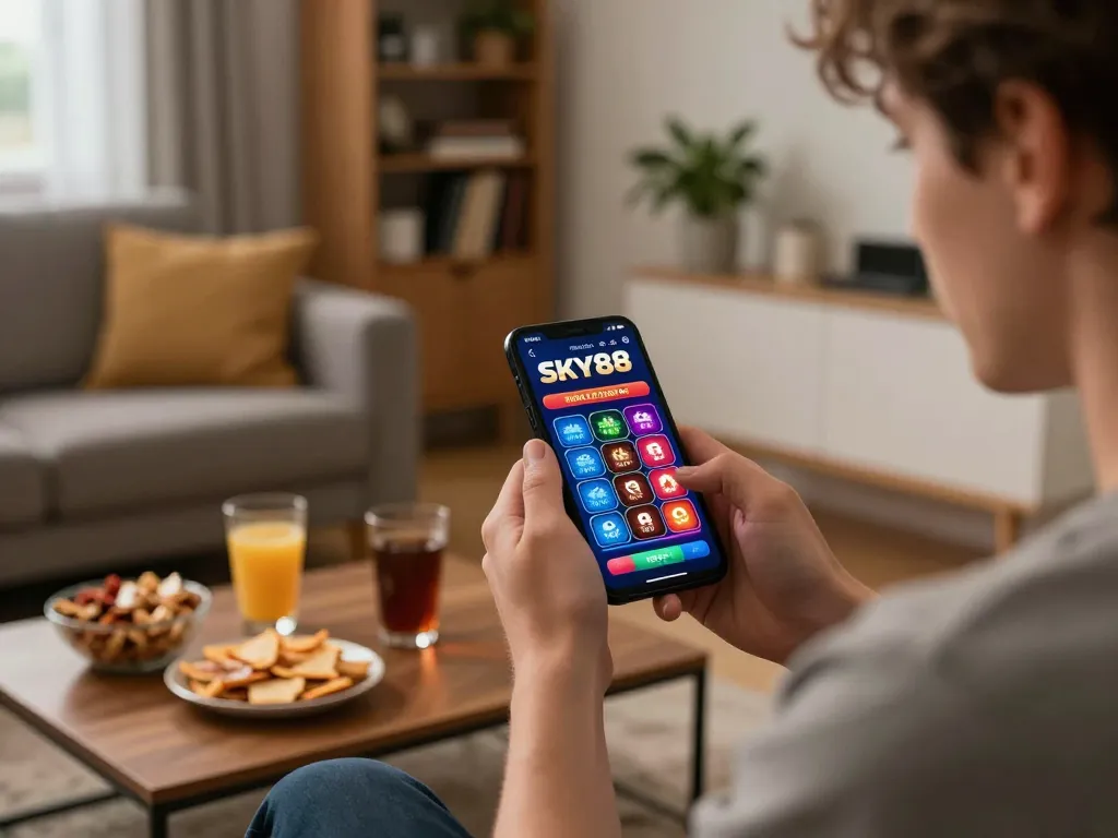 Engaging in thrilling gameplay on the SKY88 mobile app while enjoying snacks in a cozy living room.