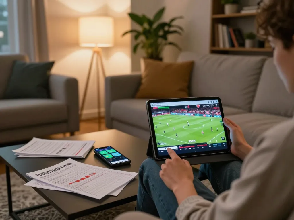 Soi kèo Arsenal betting on a tablet in a cozy living room setting