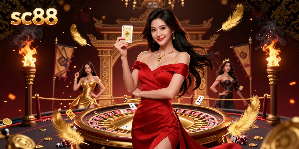 Experience the thrill of sc88 casino play as a beautiful dealer presents a golden card beside a roulette wheel.